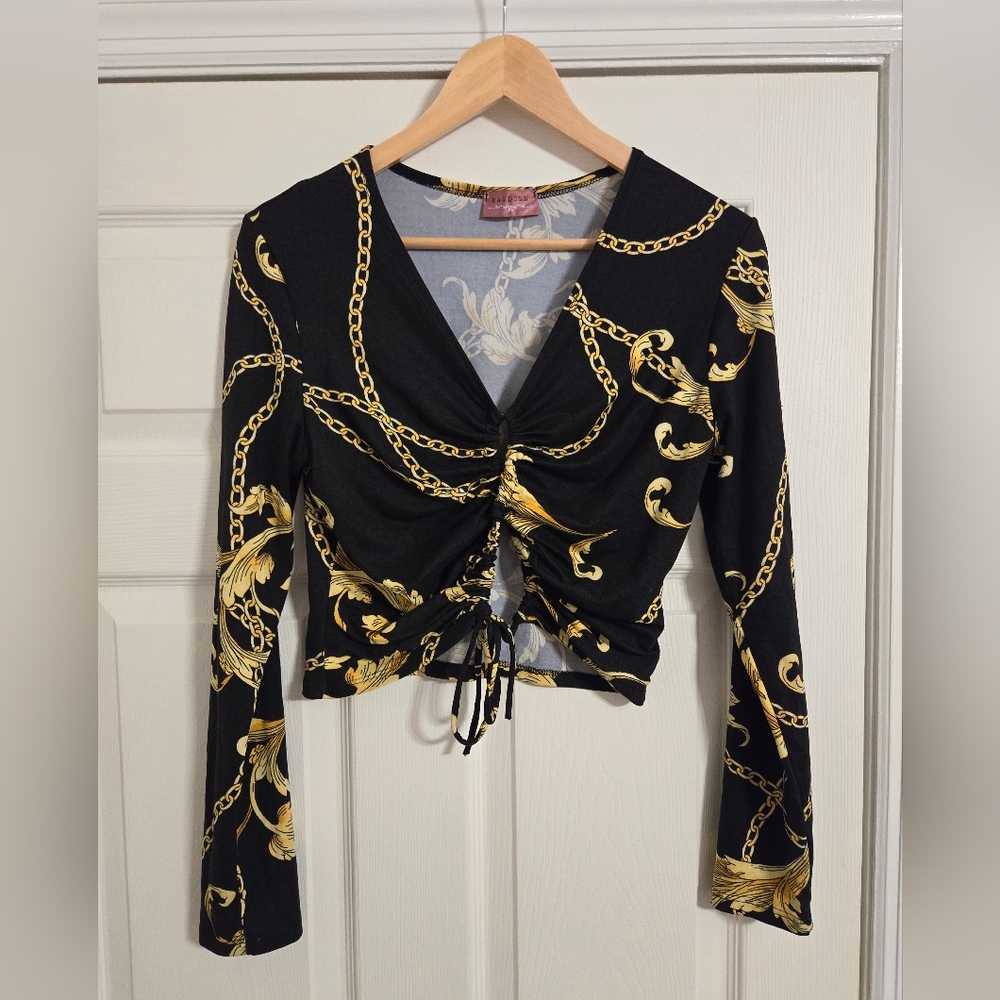 Ragdoll crop top black with gold chain design open front size large